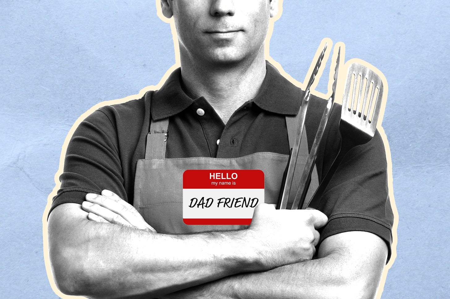 Designed Image of a Dad Crossing His Arms and Holding Cooking Utensils 