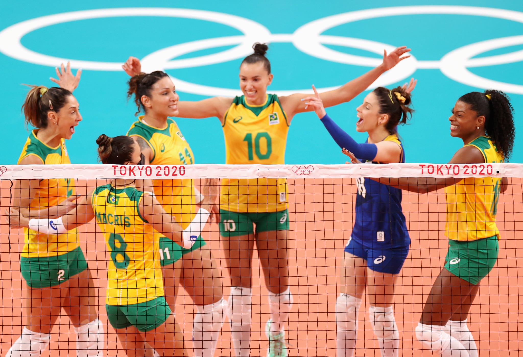 TOKYO, JAPAN - JULY 25: Gabriela Braga Guimaraes #10 of Team Brazil reacts with team mates against Team South Korea during the Women's Preliminary - Pool A on day two of the Tokyo 2020 Olympic Games at Ariake Arena on July 25, 2021 in Tokyo, Japan. (Photo by Toru Hanai/Getty Images)