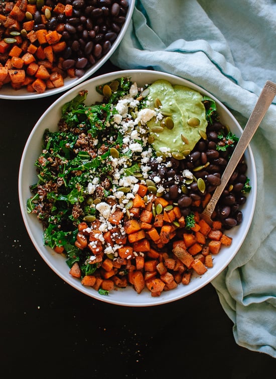 Southwestern Kale Power Bowl With Sweet Potato, Black Beans, and Avocado Sauce