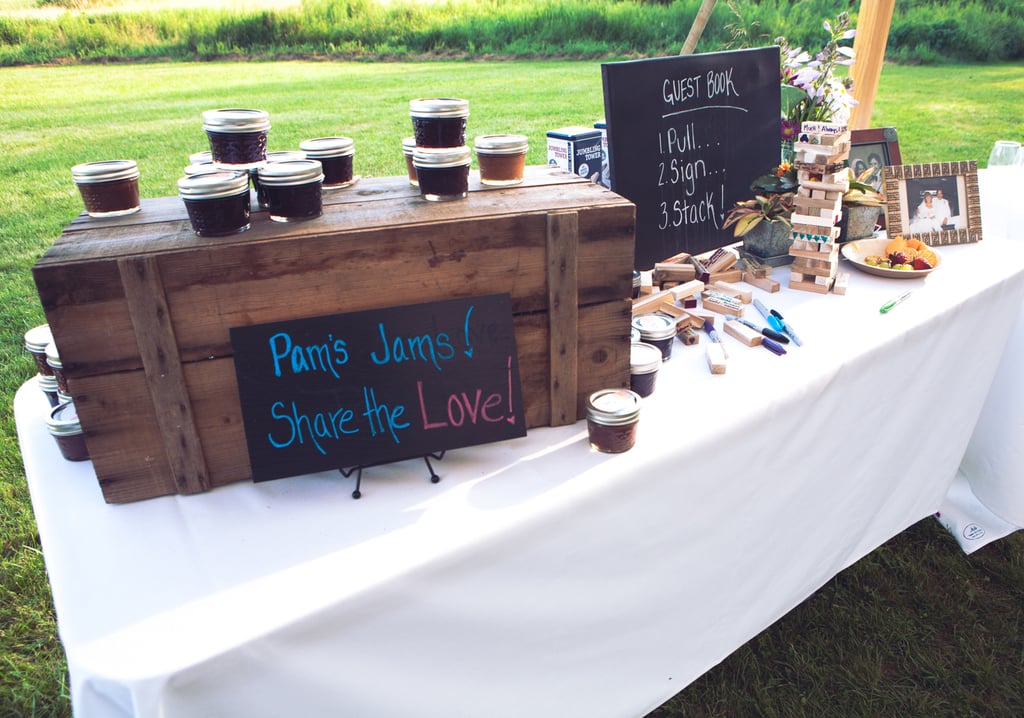 They had a cookie bar instead of a cake (all baked by friends and family), and Amy's mom made about 150 little jams from fruit in her garden as party favors.
Source: Evangeline Lane Photography