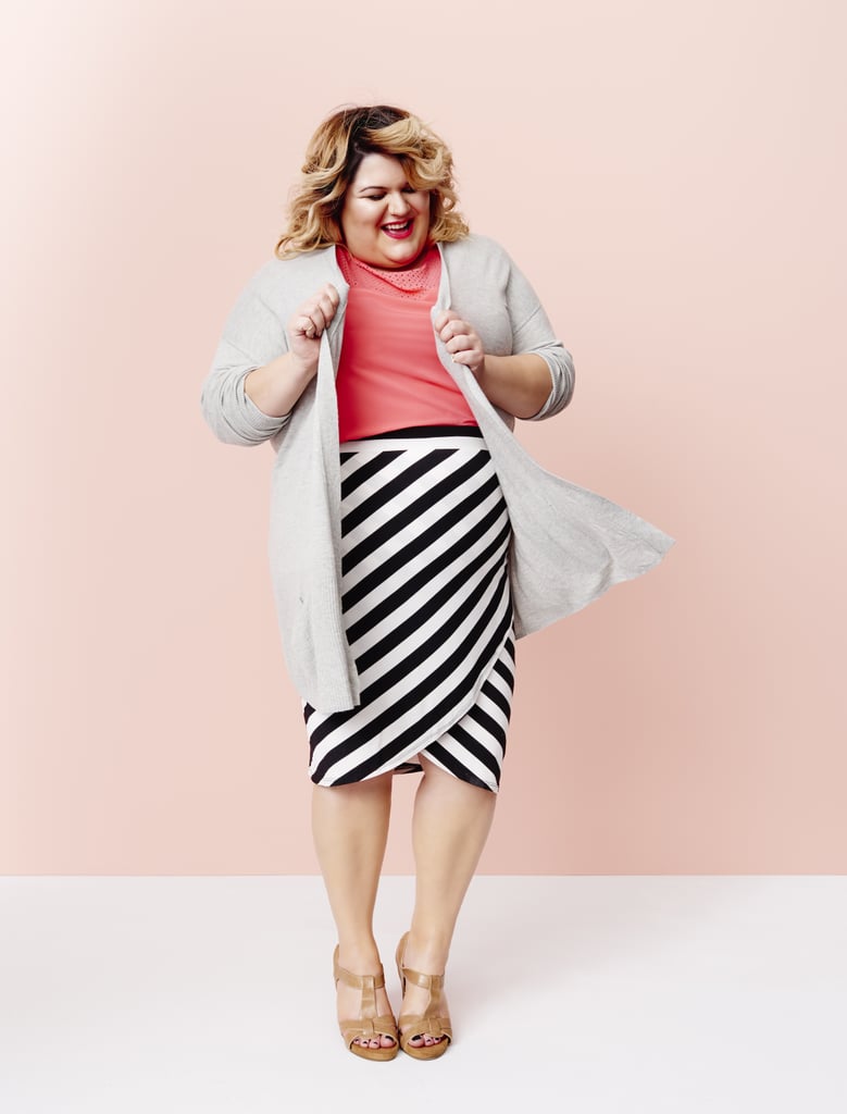 Ava & Viv Cardigan in Gray ($28), Blouse in Coral ($23), and Tulip Skirt in Black/White Stripe ($25)