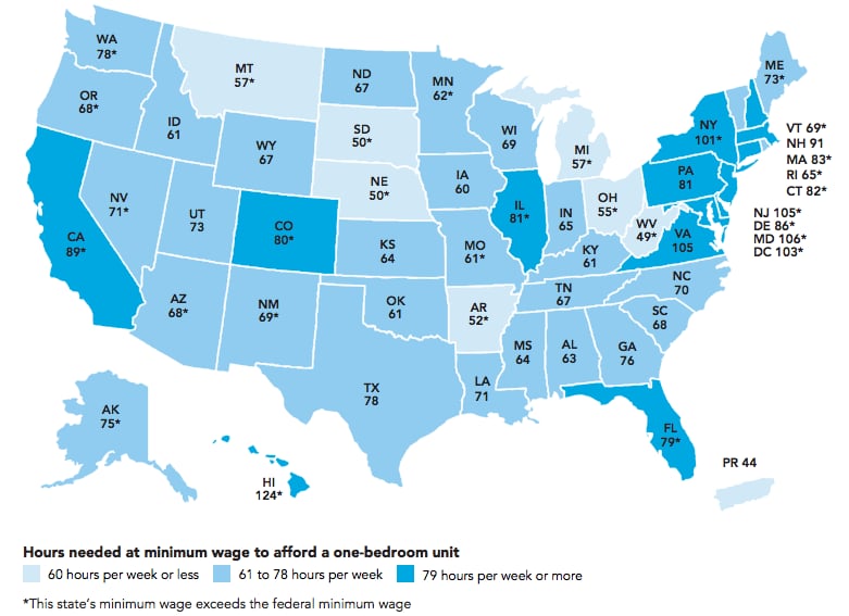 Number of Hours a Minimum Wage Employee Would Have to Work to Afford a 1-Bedroom Apartment