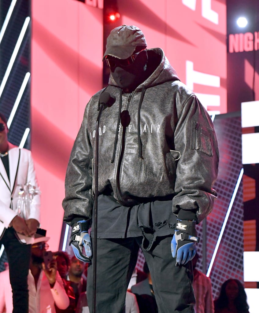 Kanye West Speaking Onstage During The 2022 Bet Awards See Kanye Wests Masked Outfit At The 