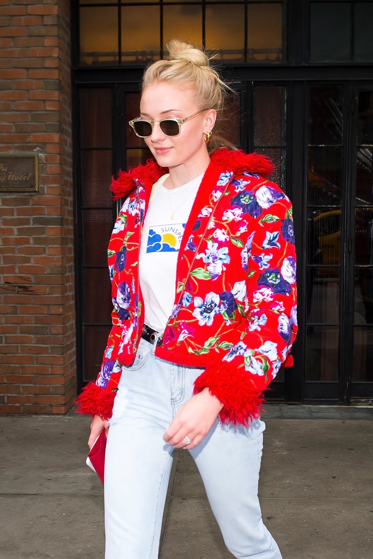 Sophie Turner In A Red Floral Jacket In 2018 Sophie Turners Best Street Style Popsugar 