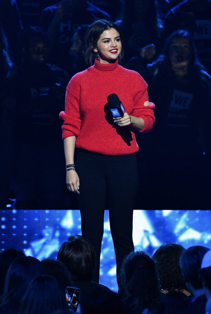 A Red Turtleneck and Black Jeans at WE Day California in April 2018