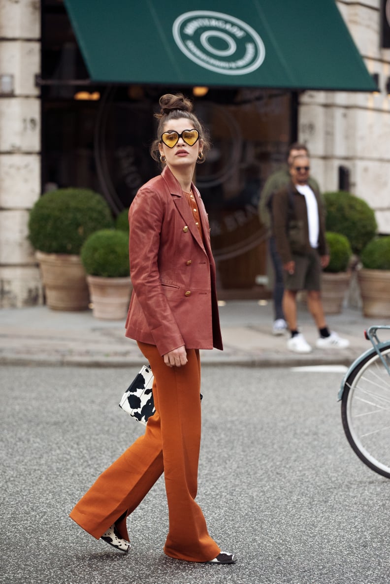 Jewel Tone Trousers, Leather Blazer, and Boots