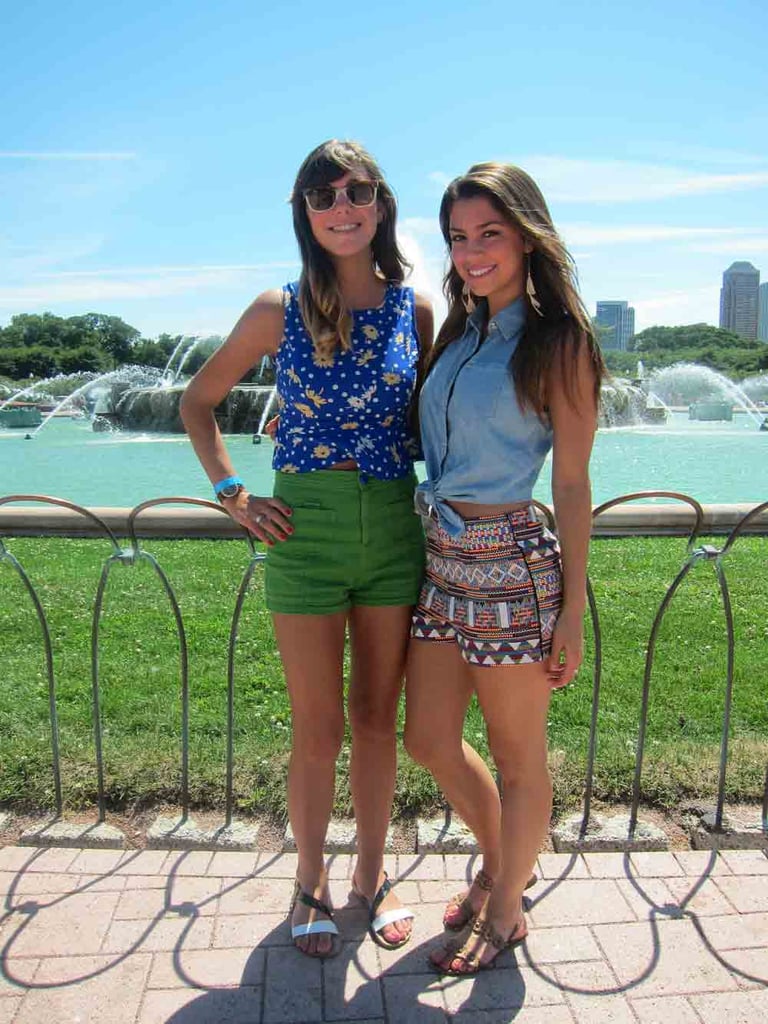 Bright colors, big city: friends Sara and Chelsea proved that bold colors — including Sara's green H&M shorts and Chelsea's tribal Akira ones — are a standout style statement.