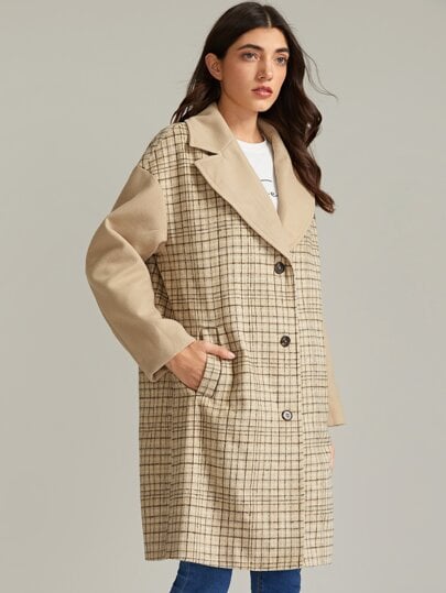 Shein Premium Notched Collar Slant Pocket Plaid Coat