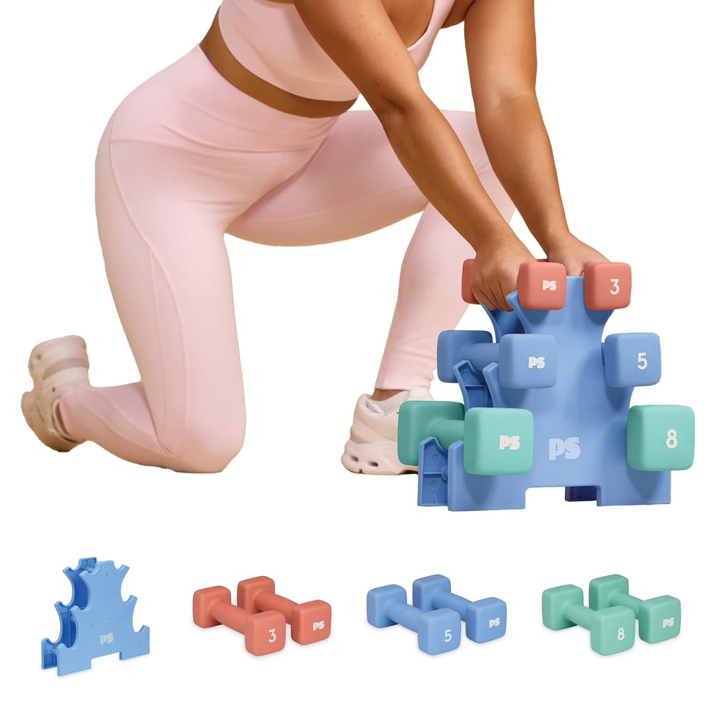 Popsugar 32lb Dumbbell Weight Rack Kit ($54)
Nothing will motivate you more than a cute, colorful weight rack that you can honestly match to your workout sets if you so desire. The neoprene overlay on these weights — which include three pound-, five pound-, and eight pound-sets — make them easy to grip, with a square base to prevent rolling (the worst conundrum when you're mid-reps!). Regardless of your routine, these will complement your equipment lineup. You can even add them on to Pilates moves to make things more spicy.