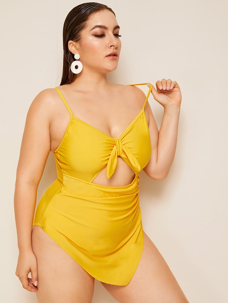 Shein Plus Hanky Hem Knot Front One Piece Swimwear