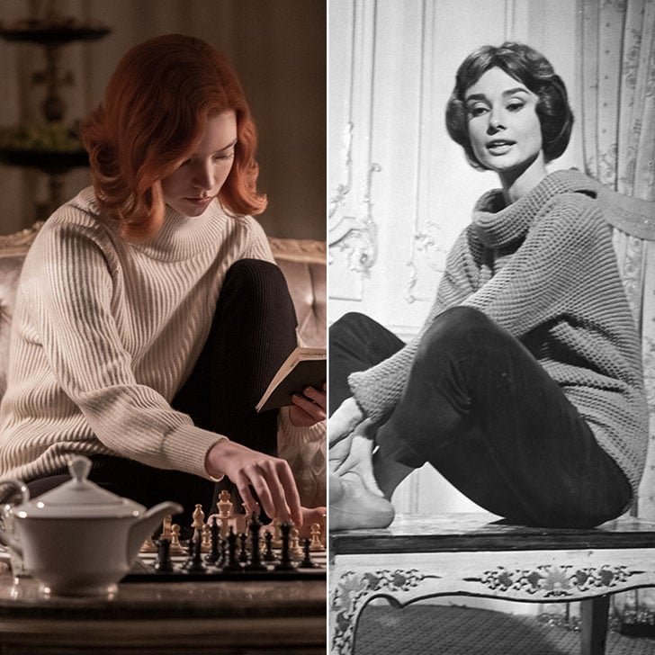 Audrey and Beth have an uncanny resemblance lounging at home in their cowl-neck sweaters and leggings.