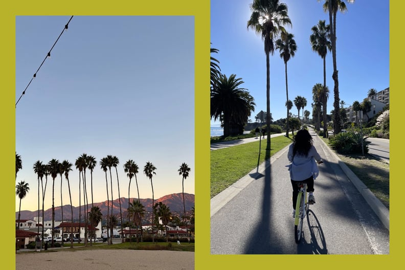 Side-by-side photos show the Santa Barbara mountains and a woman biking along palm trees