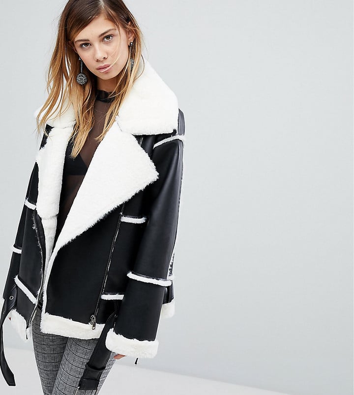 Monki Faux Leather Shearling Biker Jacket