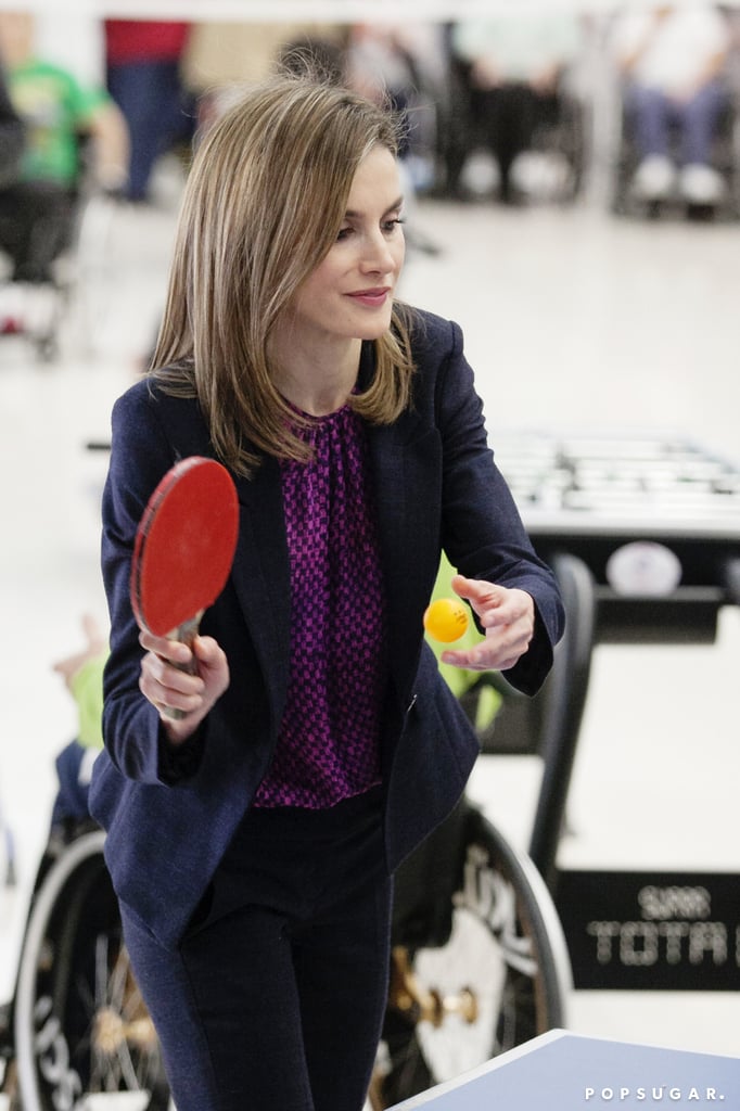 Queen Letizia of Spain heated up a Madrid hospital visit with a game of ping pong on Tuesday.