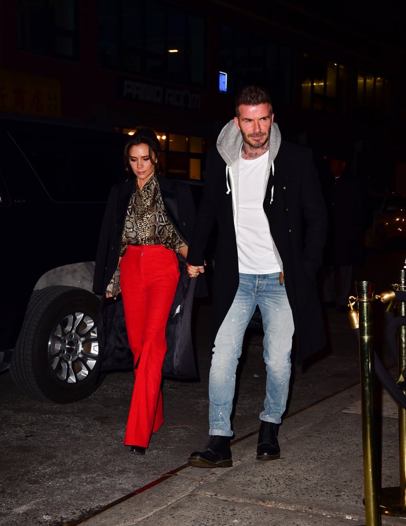 Victoria Beckham Red Pants and Snakeskin Blouse January 2019