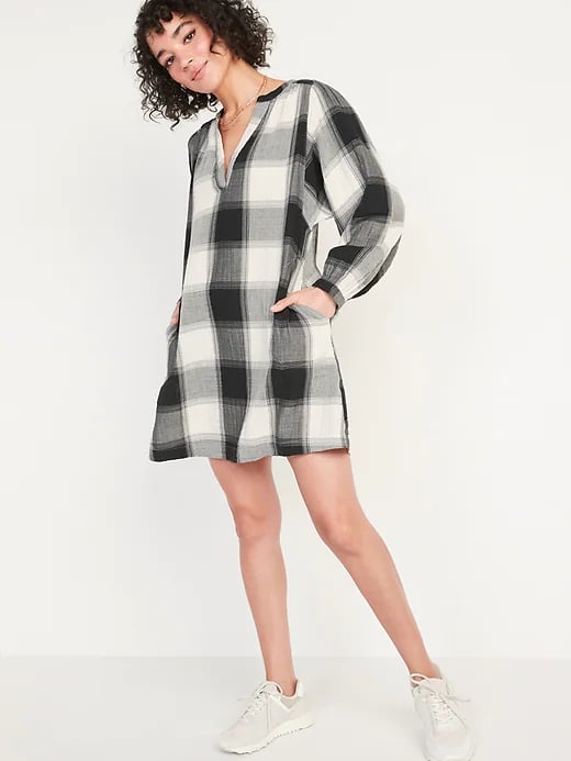 Old Navy Long-Sleeve Plaid Mini Swing Dress