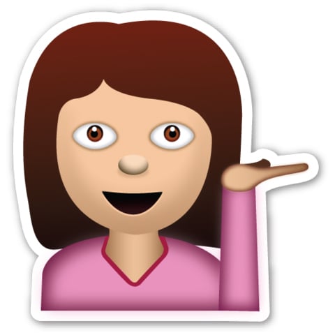 Interpretation: "I don't even know what to think anymore."
Name + meaning: Information Desk Person. A girl holding out her hand, working at a reception desk or information desk. It is unclear why she has her hand in the air like a waitress carrying an invisible tray of drinks.
Also known as:  B*tch please emoji; sassy Emoji; concierge emoji