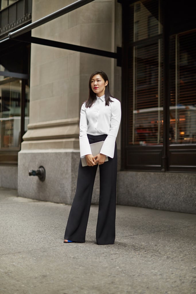 Keeping things polished and sophisticated, Maggie balanced her evening look with cobalt peep-toe heels, a structured clutch, and a fistful of gold rings.