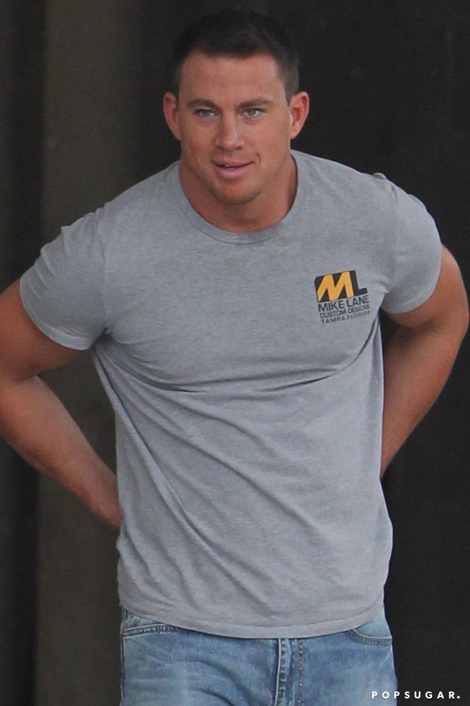 And here's Channing! Tatum rocked a shirt with a logo for Mike Lane Custom Designs, his character's (apparently new) company. Good for him.