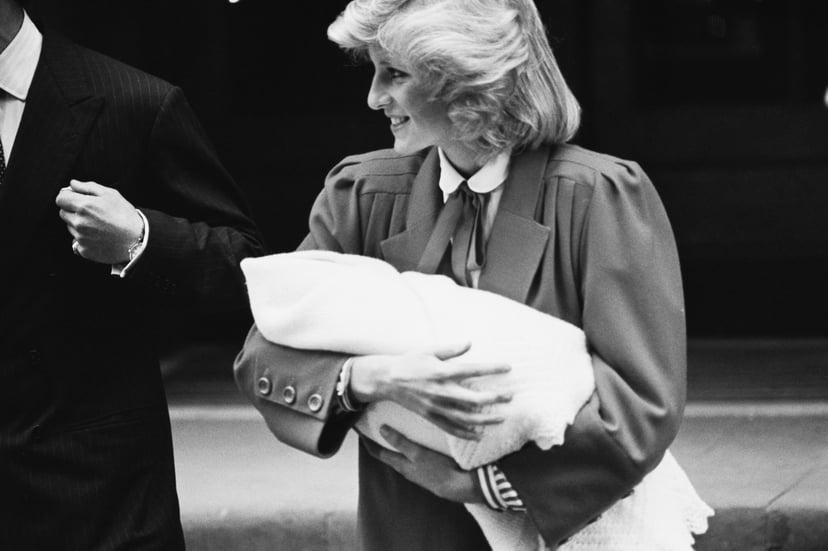 Diana, Princess of Wales (1961-1997) leaves the Lindo Wing of St Mary's Hospital with her son Prince Harry, in Paddington, London, England, 16th September 1984. Harry had been born the previous day. (Photo by K. Butler/Daily Express/Hulton Archive/Getty I