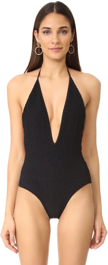 TORI PRAVER black S rivets 1 piece swimsuit cheeky plunging lace-up
