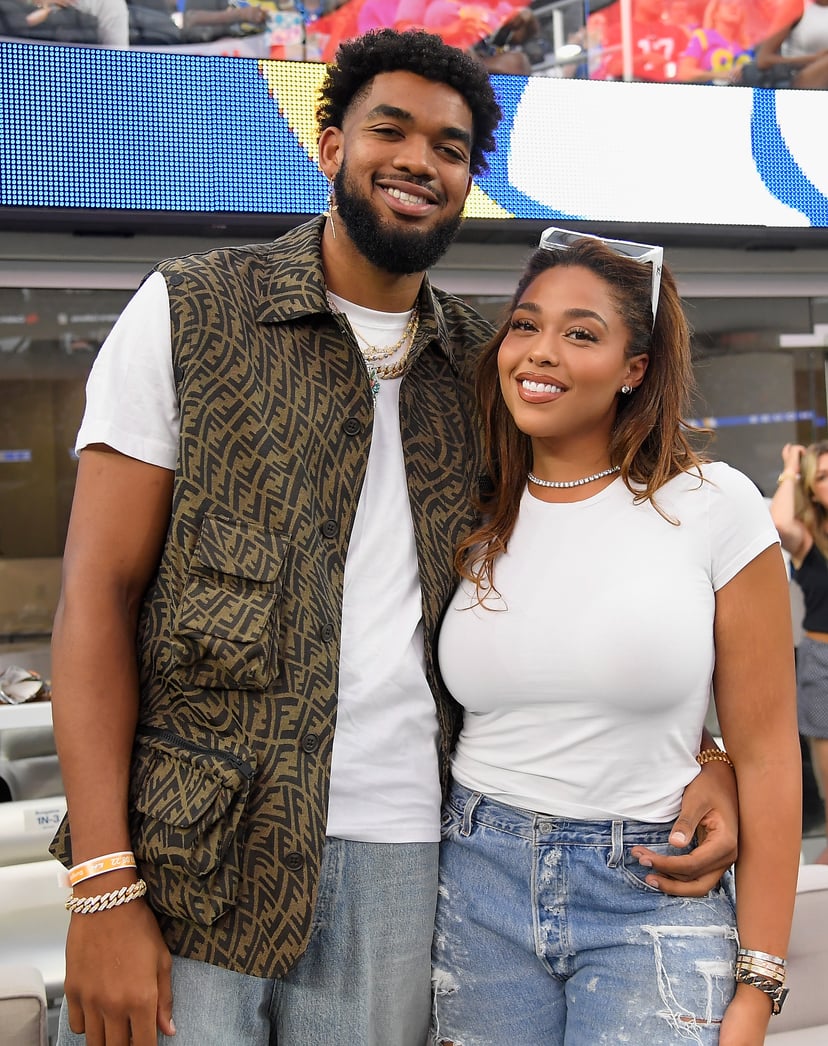 INGLEWOOD, CALIFORNIA - SEPTEMBER 08:  NBA athlete Karl-Anthony Towns and model Jordyn Woods attend the NFL game between the Los Angeles Rams and the Buffalo Bills at SoFi Stadium on September 08, 2022 in Inglewood, California. (Photo by Kevork Djansezian
