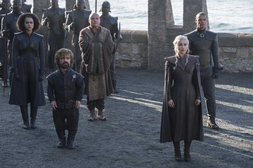 Emilia Clarke as Daenerys, Peter Dinklage as Tyrion, Conleth Hill as Varys, and Nathalie Emmanuel as Missandei