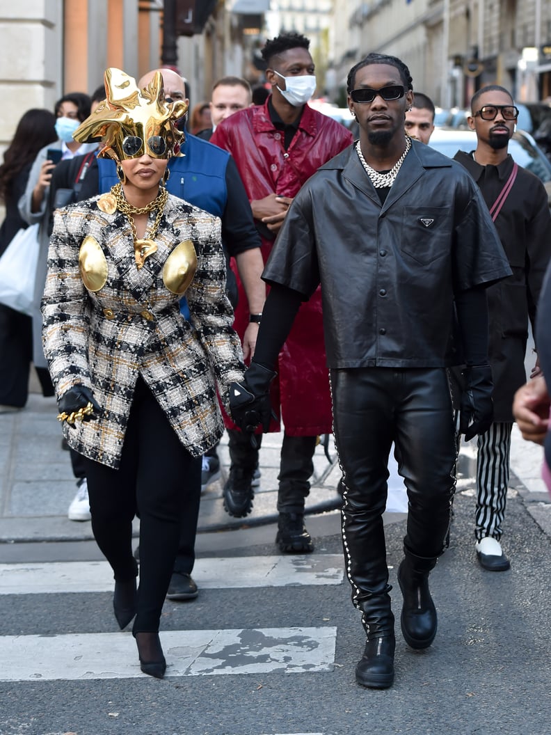Cardi B's Schiappereli Skirt Suit and Gold Mask in Paris in 2021