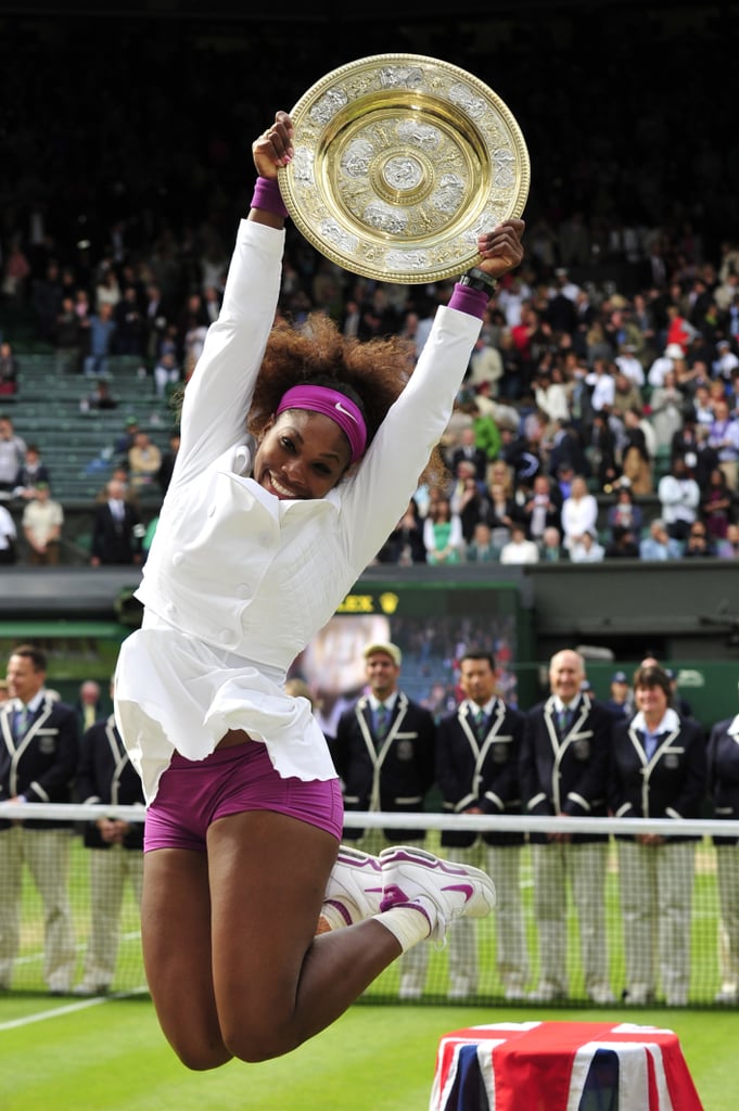 Serena Williams jumped for joy in a cute white and purple tennis ensemble as she celebrated her women's singles final victory at the 2012 Wimbledon championship tournament.