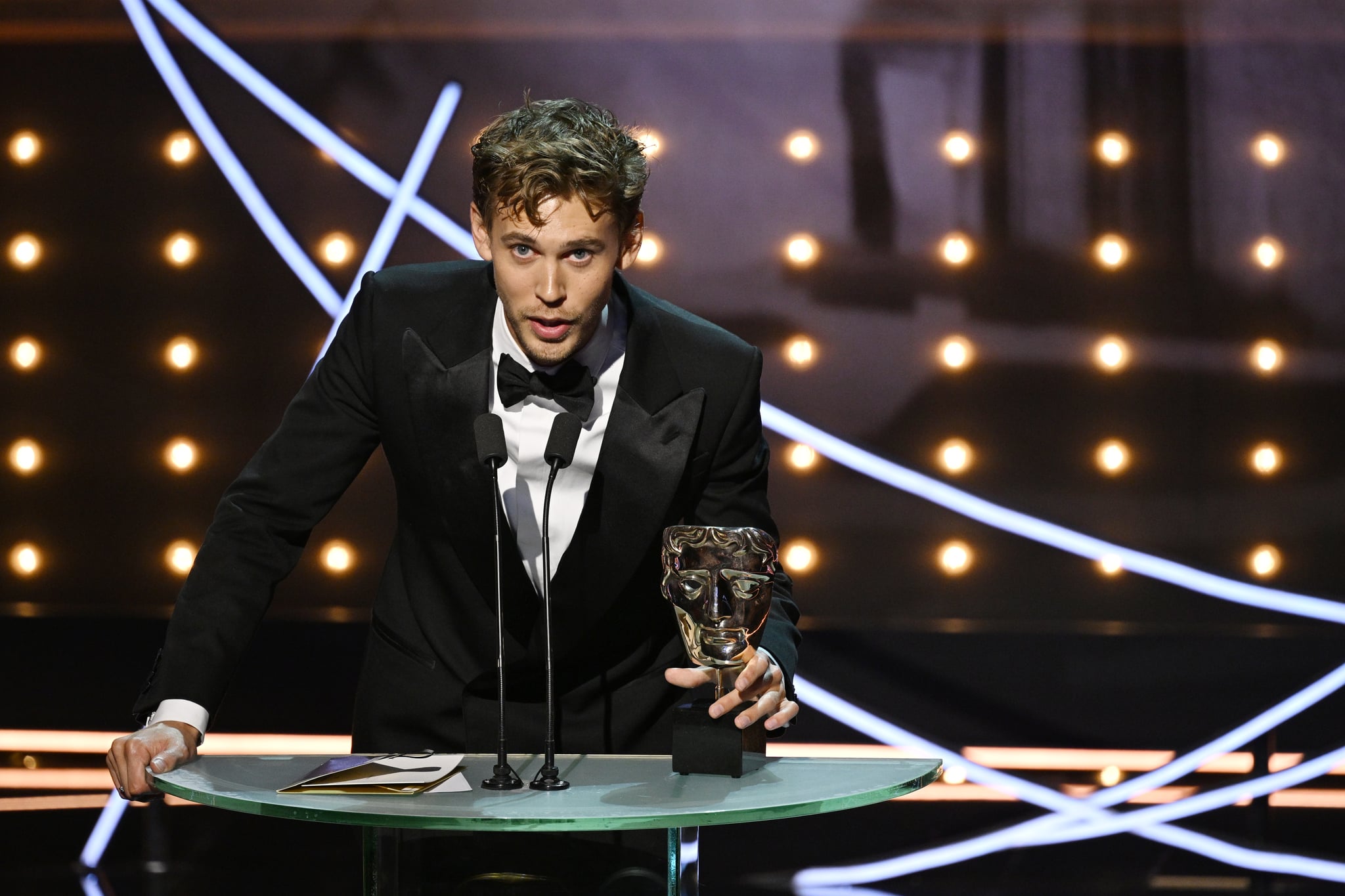 LONDON, ENGLAND - FEBRUARY 19: Austin Butler accepts the Leading Actor Award for his performance in 'Elvis' during the 2023 EE BAFTA Film Awards, held at the Royal Festival Hall on February 19, 2023 in London, England. (Photo by Stuart Wilson/BAFTA/Getty Images for BAFTA)