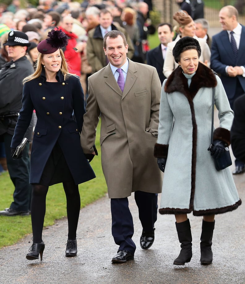 Princess Anne and Son Peter Phillips and Daughter-in-Law Autumn Phillips at Christmas Day Service in 2012