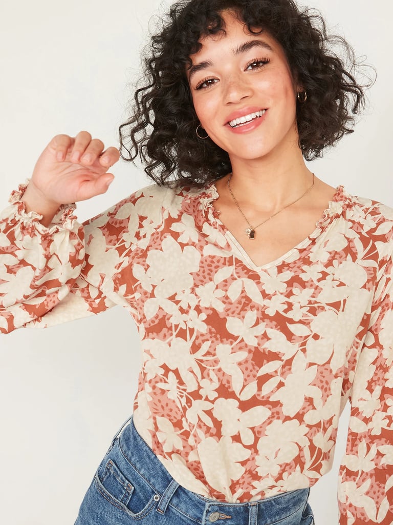 Old Navy Ruffled FloralPrint SplitNeck Blouse Best Blouses From Old