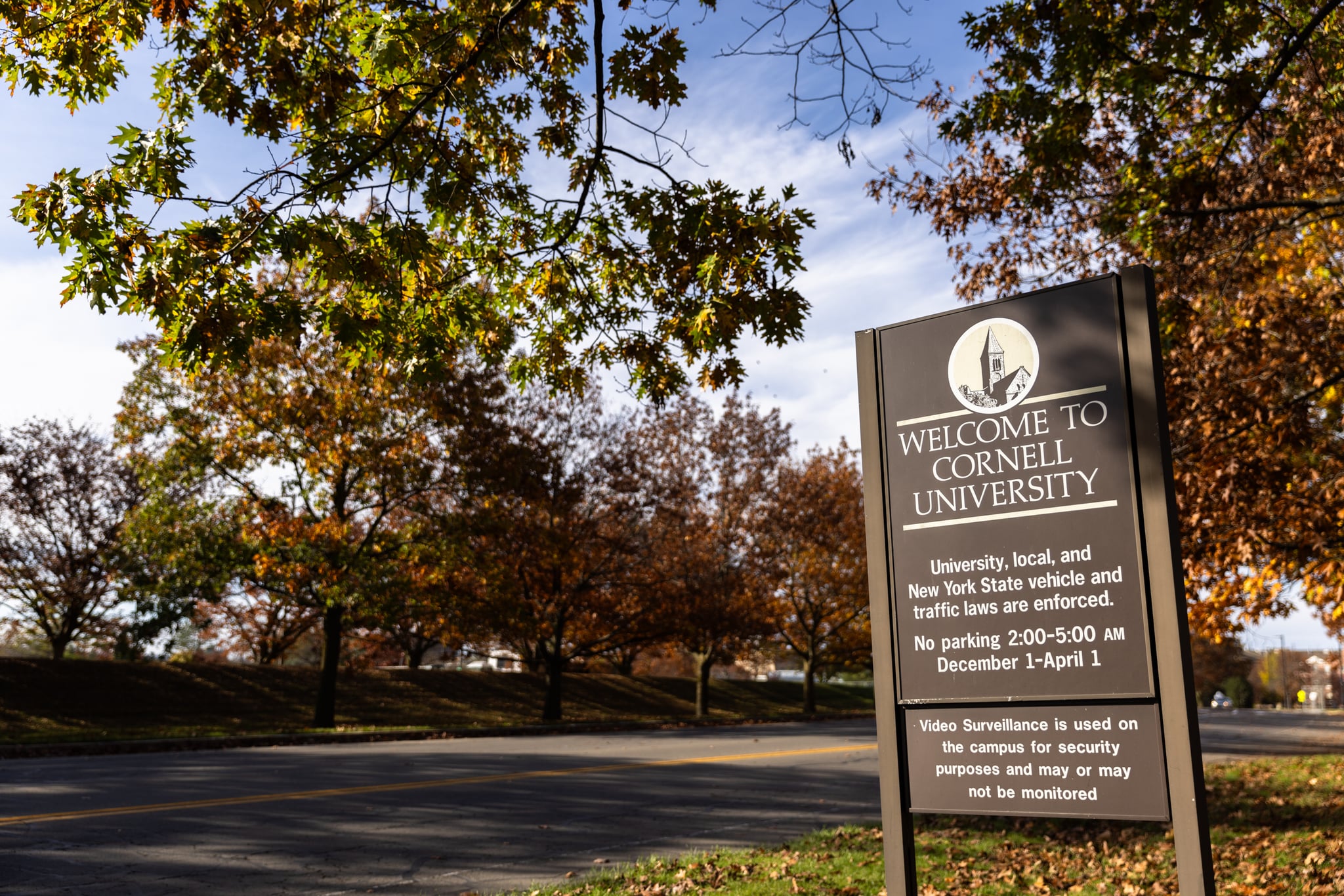 ITHACA, NEW YORK - NOVEMBER 3: A view of one of the entrances to the Cornell University campus on November 3, 2023 in Ithaca, New York. The university canceled classes after one of its students is accused of making violent antisemitic threats. (Photo by Matt Burkhartt/Getty Images)