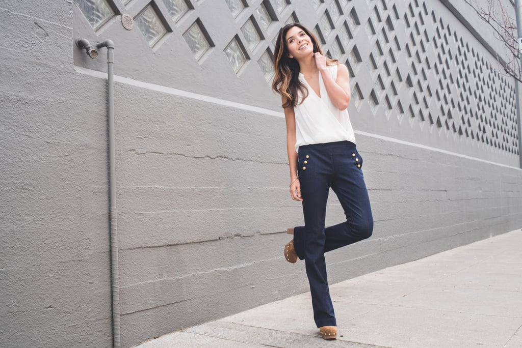 The gold button trimming gives the pants an unexpected nautical twist, but combine them with a pair of suede platform clogs and you bring back a little hint of that boho element.