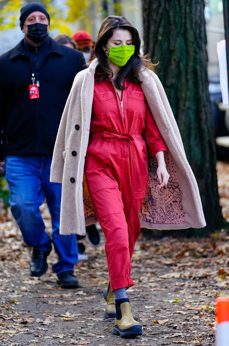 Selena Gomez Wears a Red Utility Jumpsuit on Set in New York