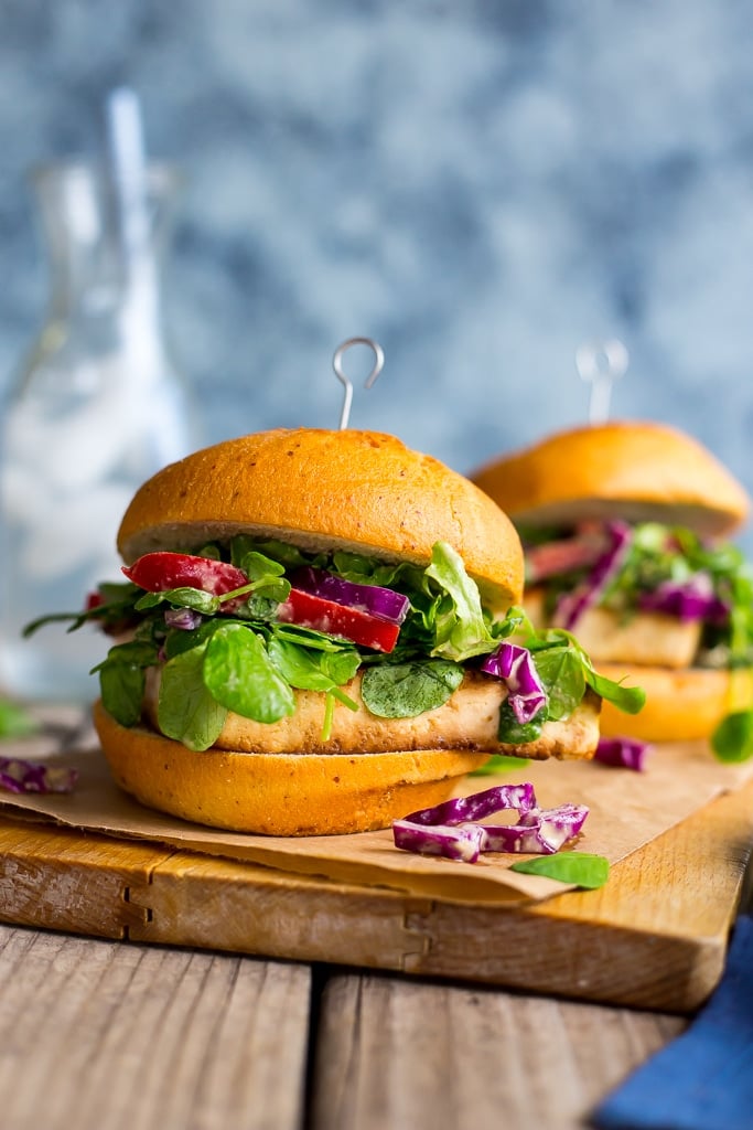 Crispy Tofu Sandwiches with Sweet Pea Greens and Peanut Slaw