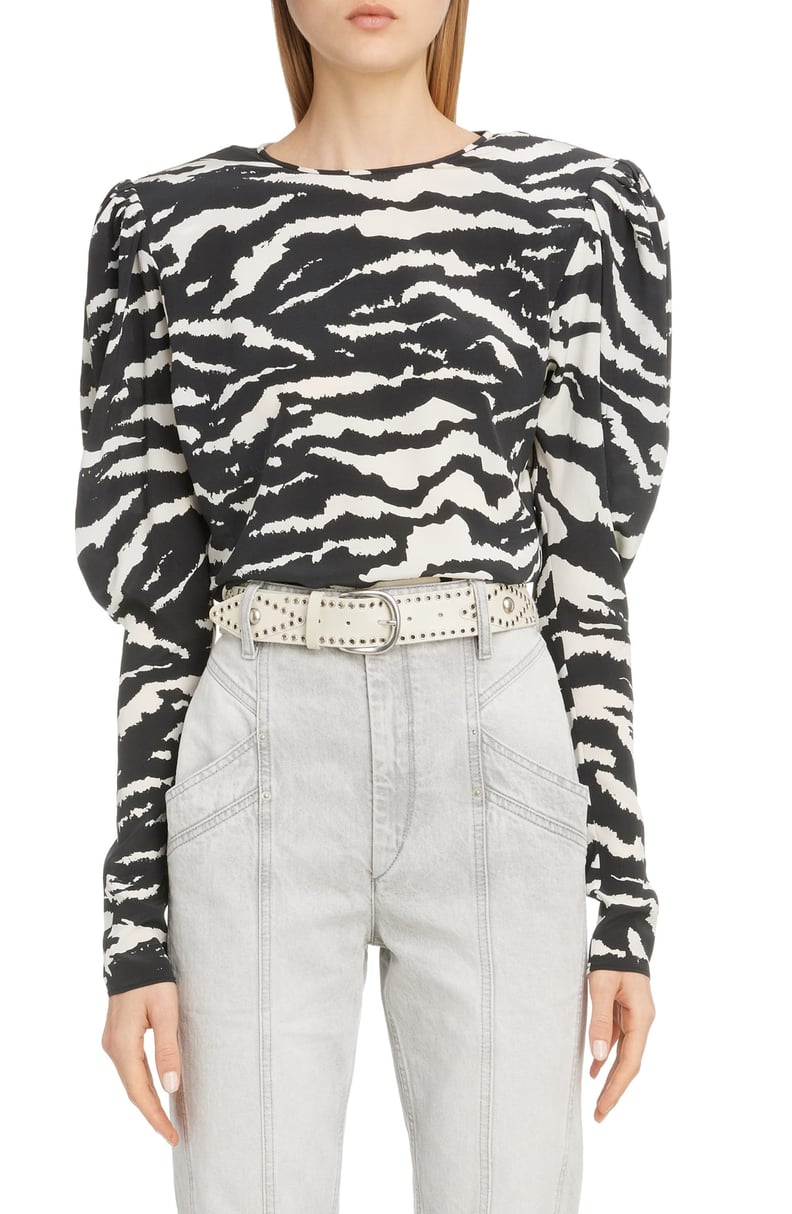 Isabel Marant Zebra Print Puff Sleeve Stretch Silk Blouse