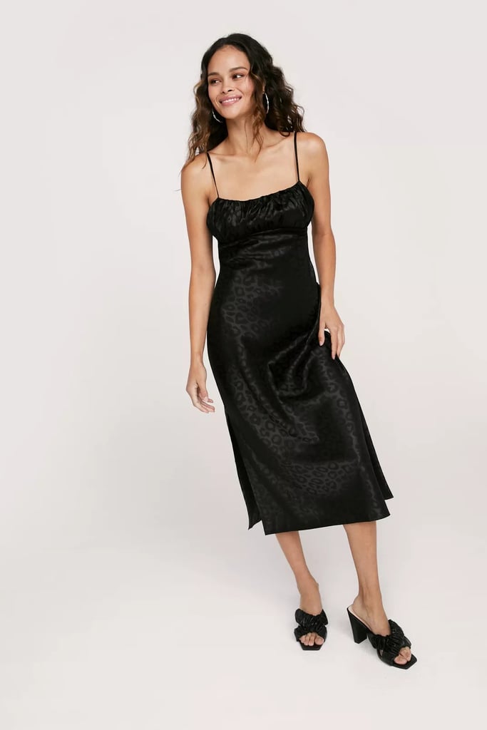 A Memorable Black Dress: Nasty Gal Satin Animal Jacquard Midi Dress