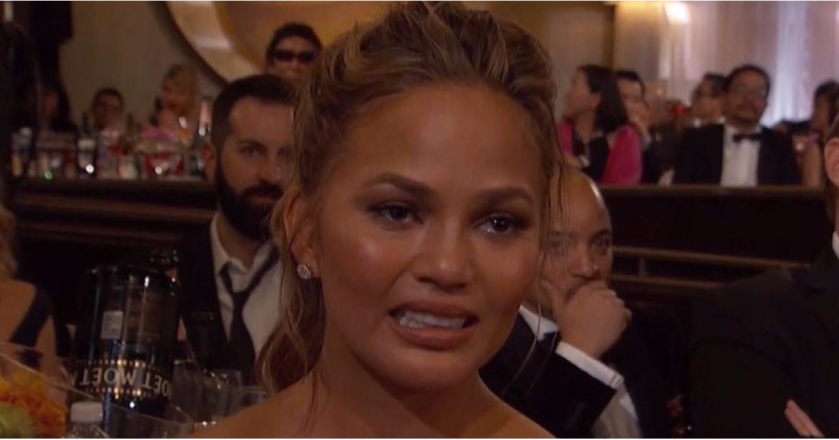 Chrissy Teigen S Golden Globes Cry Face Gif And Pictures Popsugar Celebrity Wearing a face covering can cause a skin complaint dubbed 'maskne' or 'mask acne', which presents as spots, redness or inflammation on your mouth, cheeks, and jawline. chrissy teigen s golden globes cry face