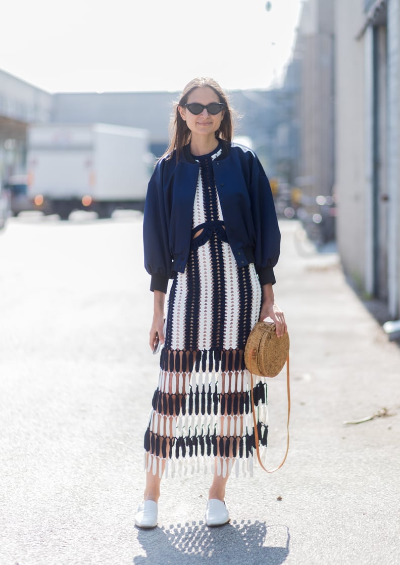 Wear a Navy Bomber Jacket Over a Fringe Dress