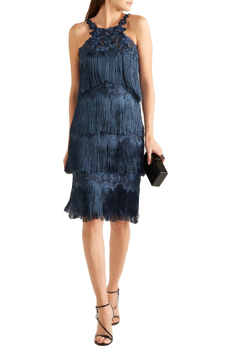 Marchesa Fringed Embroidered Midi Dress