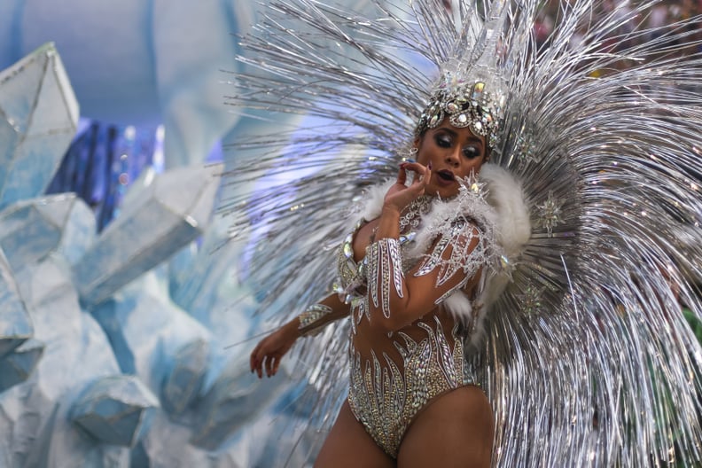 RIO DE JANEIRO, BRAZIL - MARCH 04: A member of Mocidade Independente de Padre Miguel Samba School performs during the parade at 2019 Brazilian Carnival at Sapucai Sambadrome on March 04, 2019 in Rio de Janeiro, Brazil. Rio's two nights of Carnival parades
