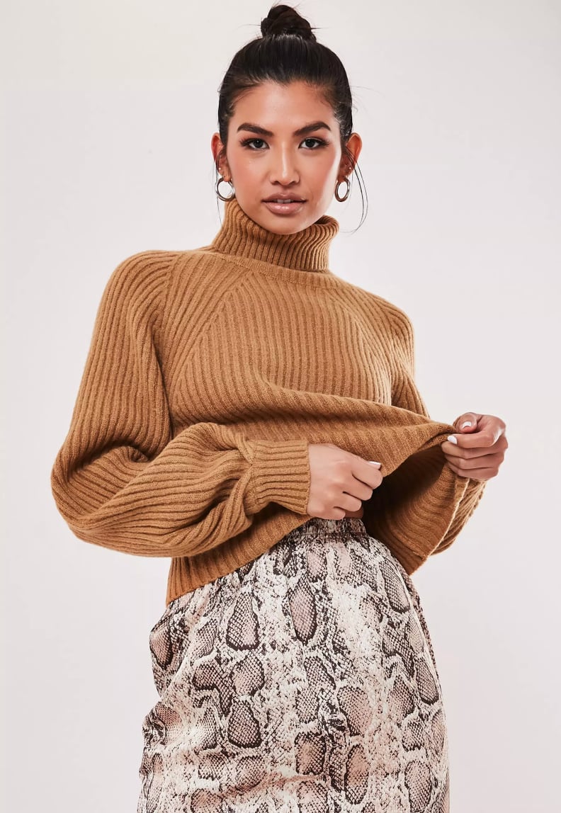 Missguided Tall Tan Rib Roll Neck Tuck Sleeve Jumper