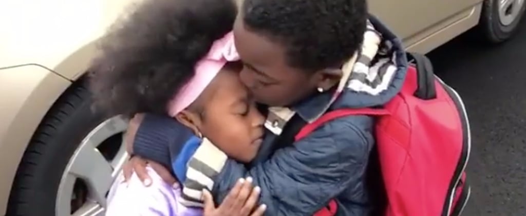 Sister and Brother Greet Each Other at the Bus Stop