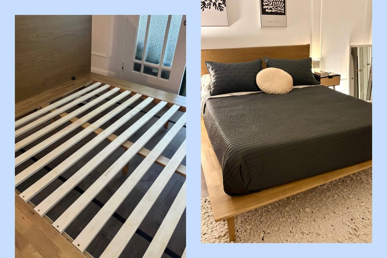 side by side photos show a bare bed frame and a bed frame put together within a bedroom