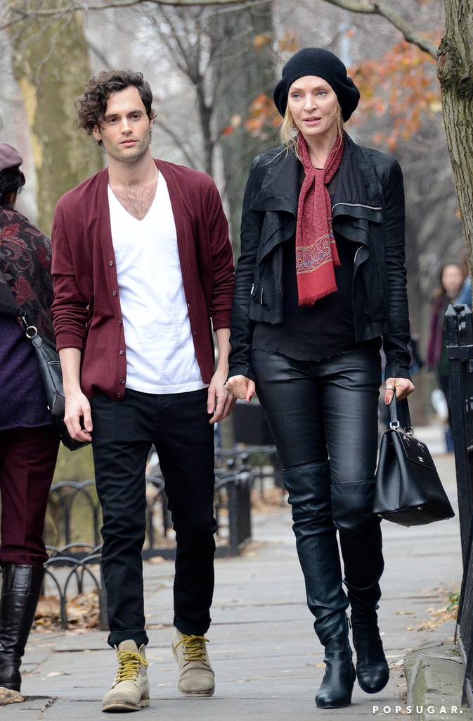 Penn Badgley cozied up to Uma Thurman on the NYC set of The Slap on Tuesday.
