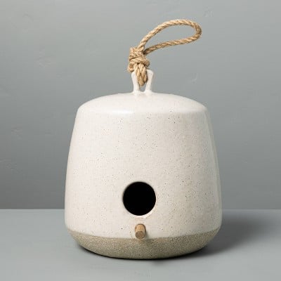 Hearth and Hand with Magnolia Speckled Stoneware Birdhouse with Wood Perch Sour Cream