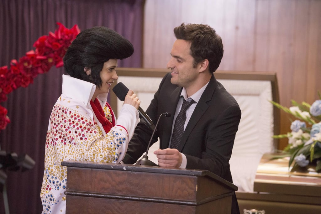 Dressed as Elvis, Jess pulls out all the stops to help Nick through his dad's funeral.