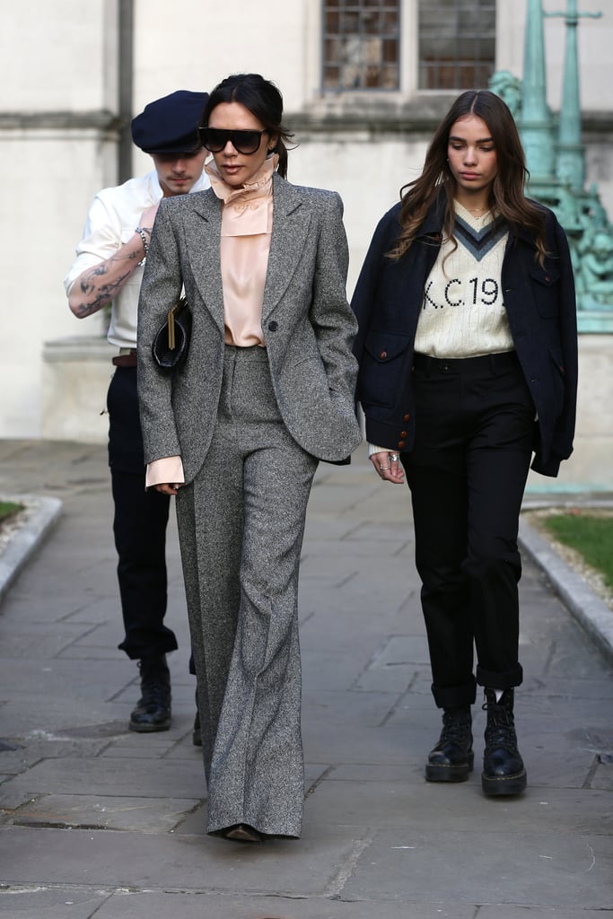 Victoria Beckham Gray Suit With Brooklyn Beckham Girlfriend