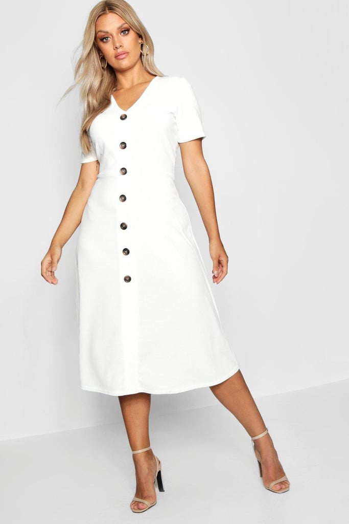 Boohoo Plus Button Front Midi Dress | Kate Middleton White Dress at ...